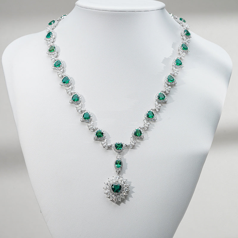 Romantic Emerald & Diamond Heart Drop Necklace