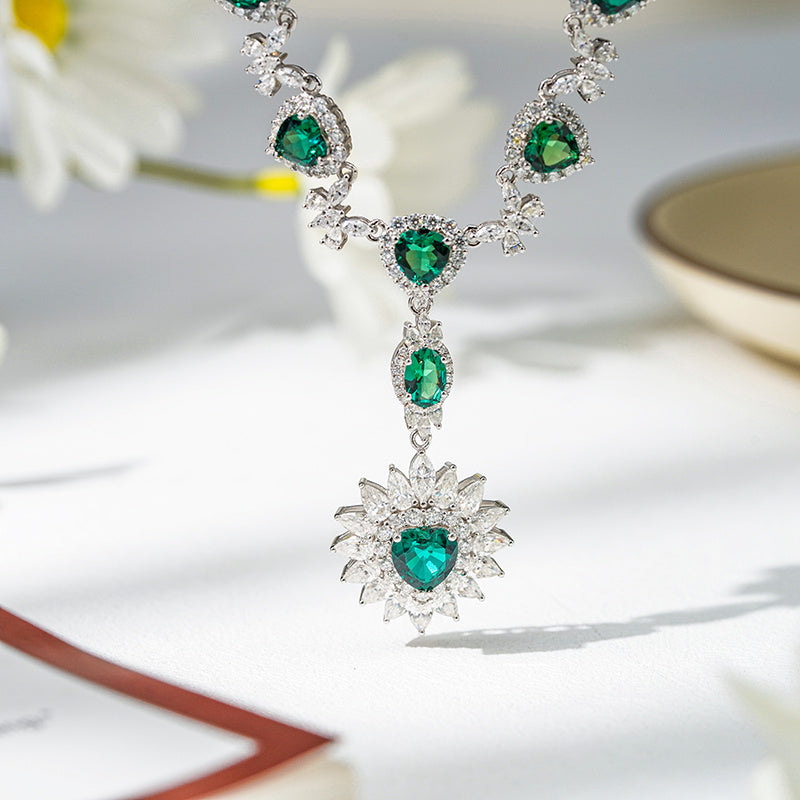 Romantic Emerald & Diamond Heart Drop Necklace