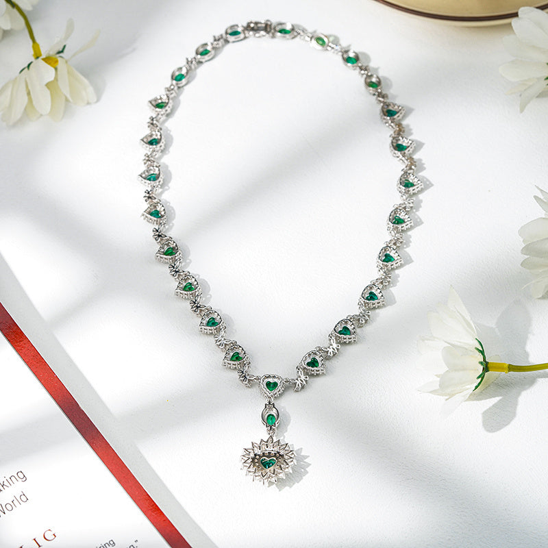 Romantic Emerald & Diamond Heart Drop Necklace