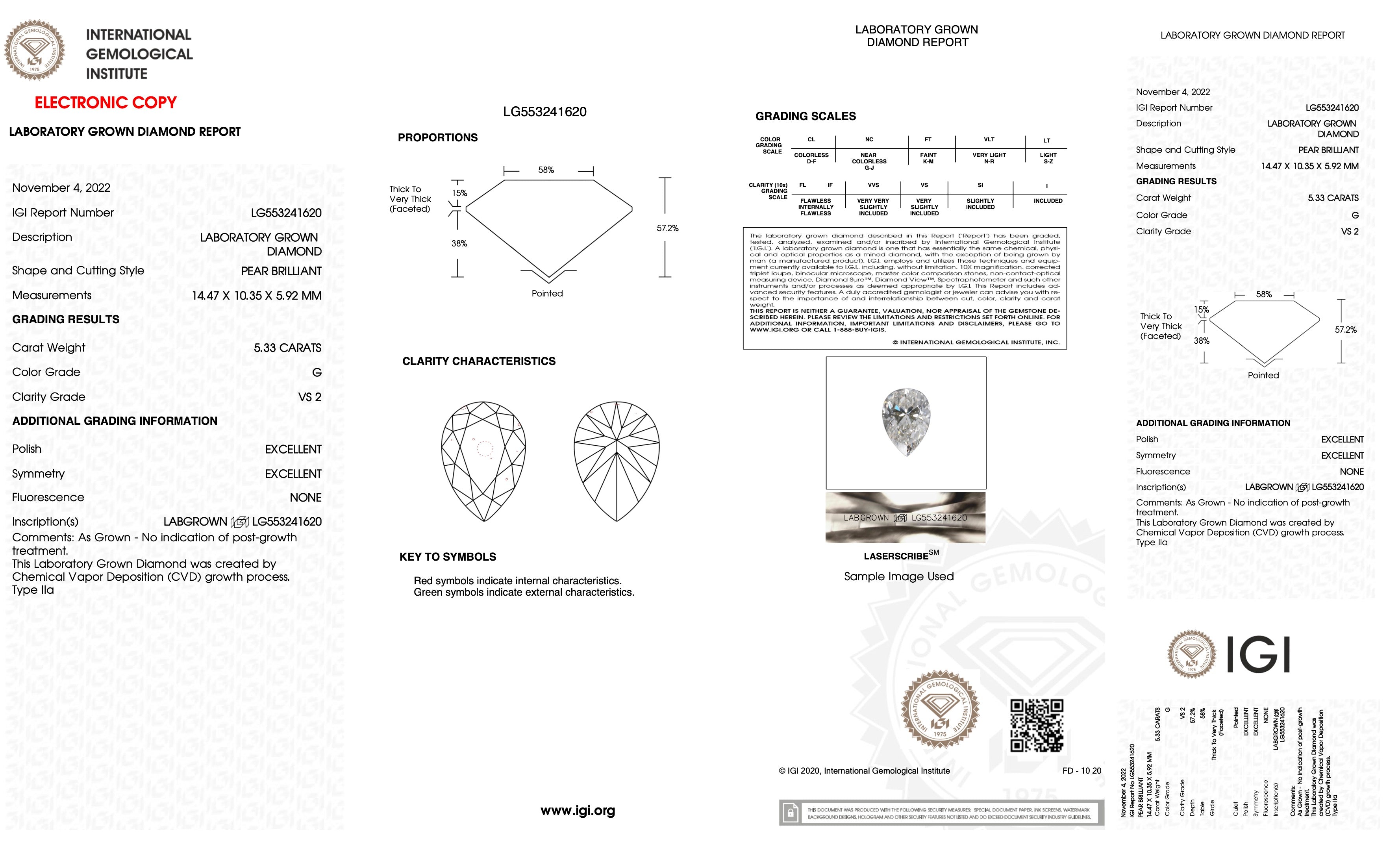 CVD LG553241620 5.33CT G VS2 PEAR  EX EX