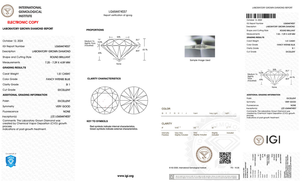 CVD LG654474037 1.51CT BLUE SI1 ROUND EX VG