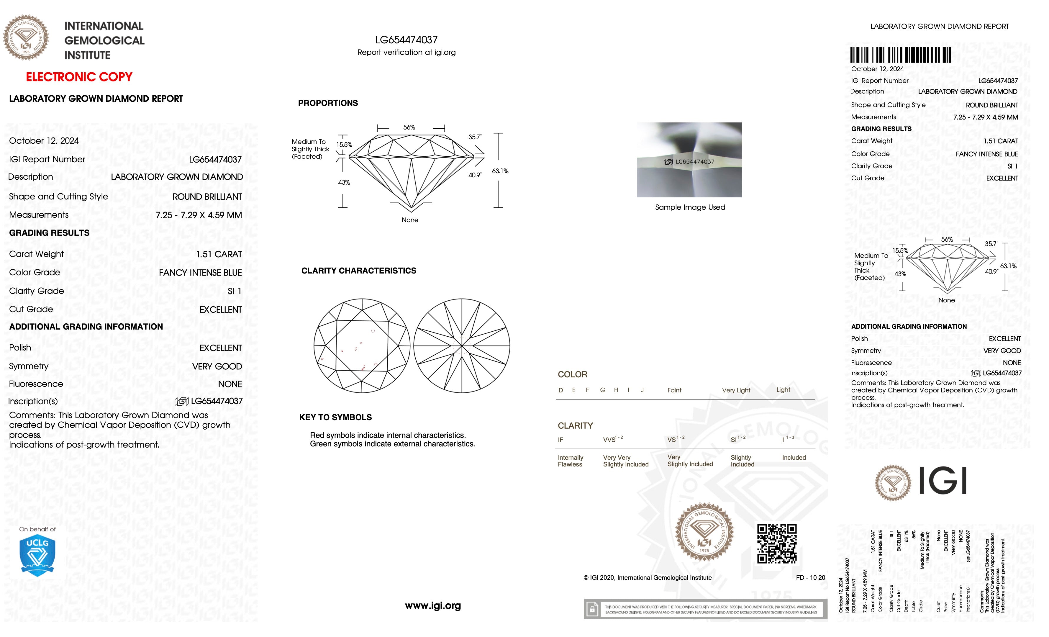 CVD LG654474037 1.51CT BLUE SI1 ROUND EX VG