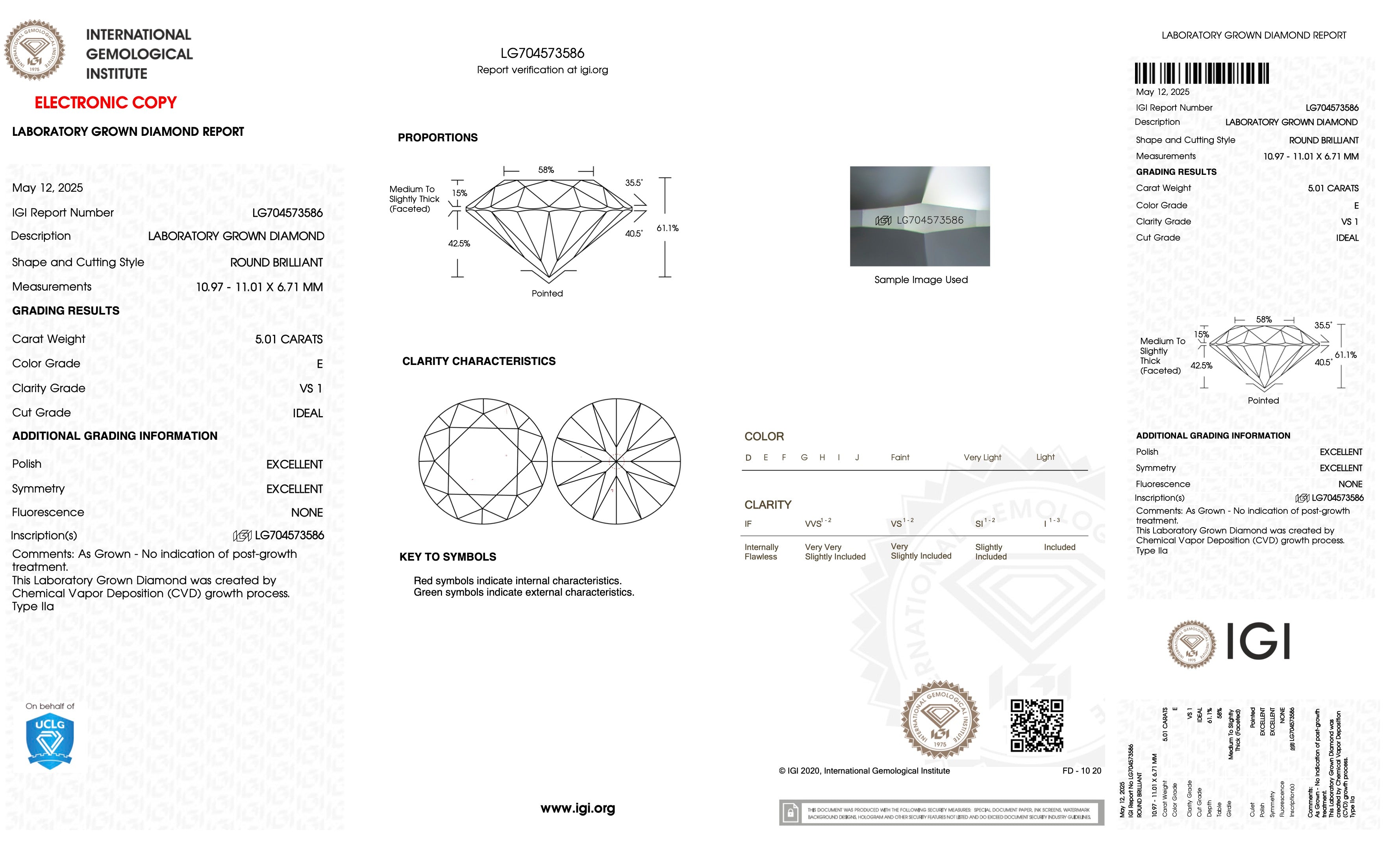 CVD LG704573586 5.01CT E VS1 ROUND EX EX