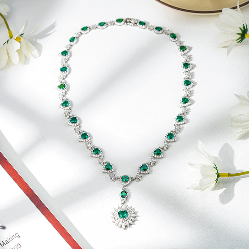 Romantic Emerald & Diamond Heart Drop Necklace