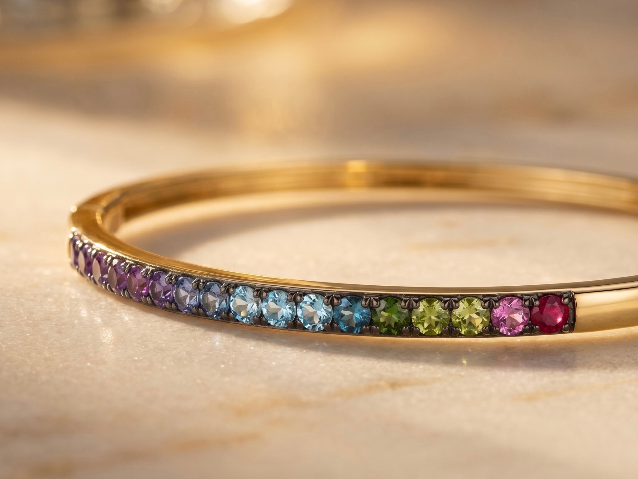 The Eleanora "Spectrum" Multi-Gemstone Ombré Bangle in 14k Yellow Gold