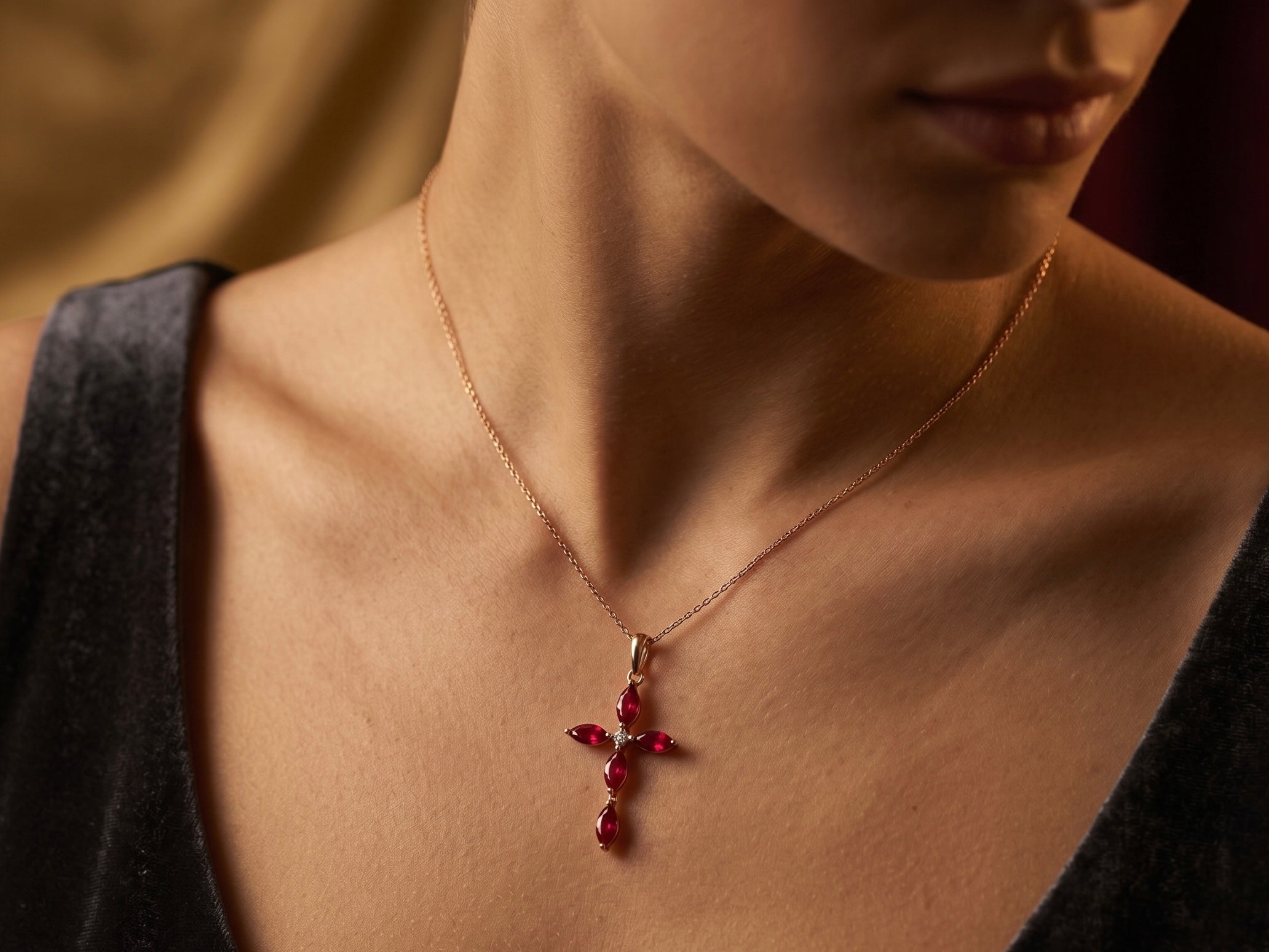 The Eleanora "Crimson Light" Marquise Gemstone & Diamond Cross Pendant