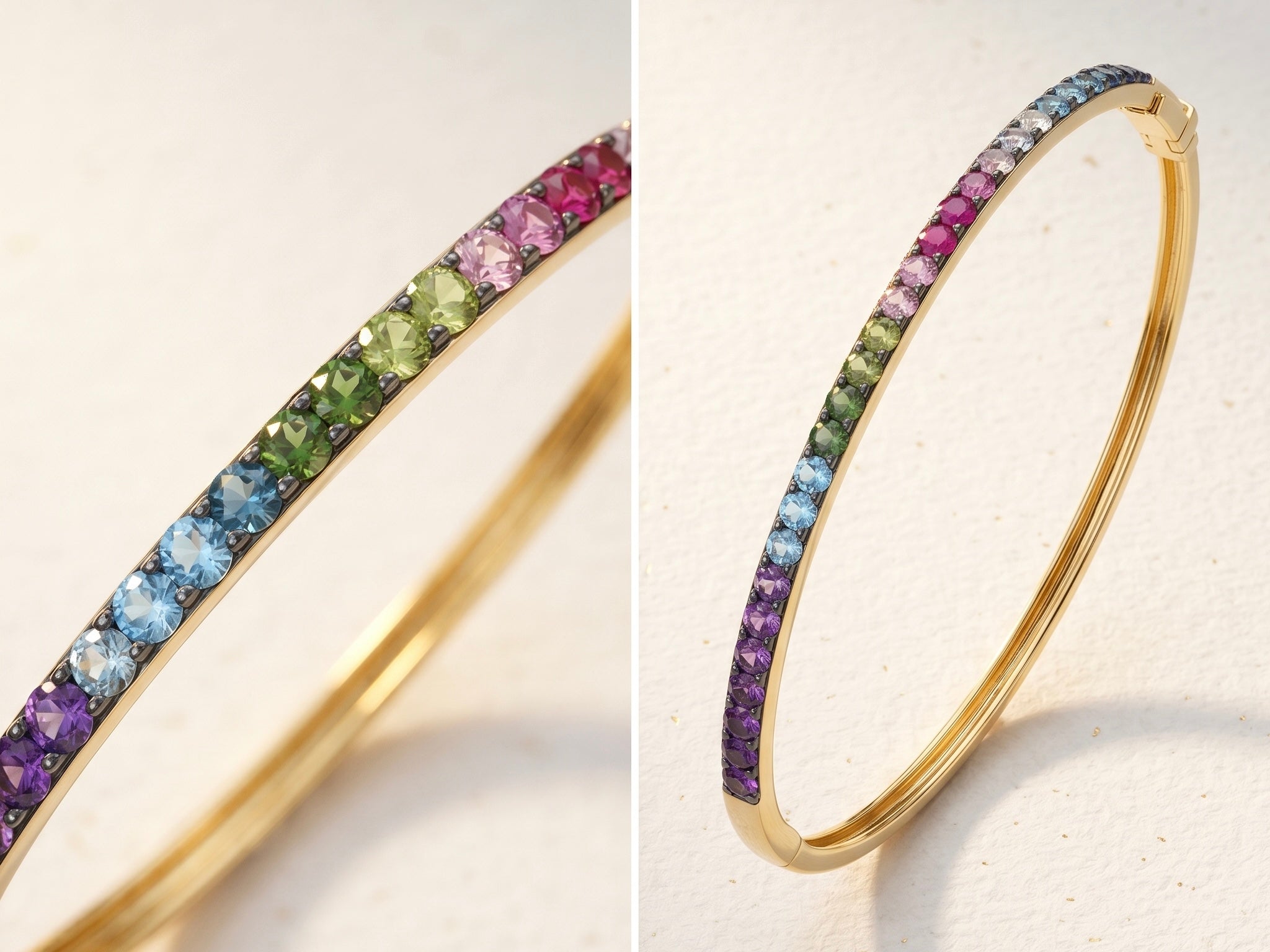 The Eleanora "Spectrum" Multi-Gemstone Ombré Bangle in 14k Yellow Gold