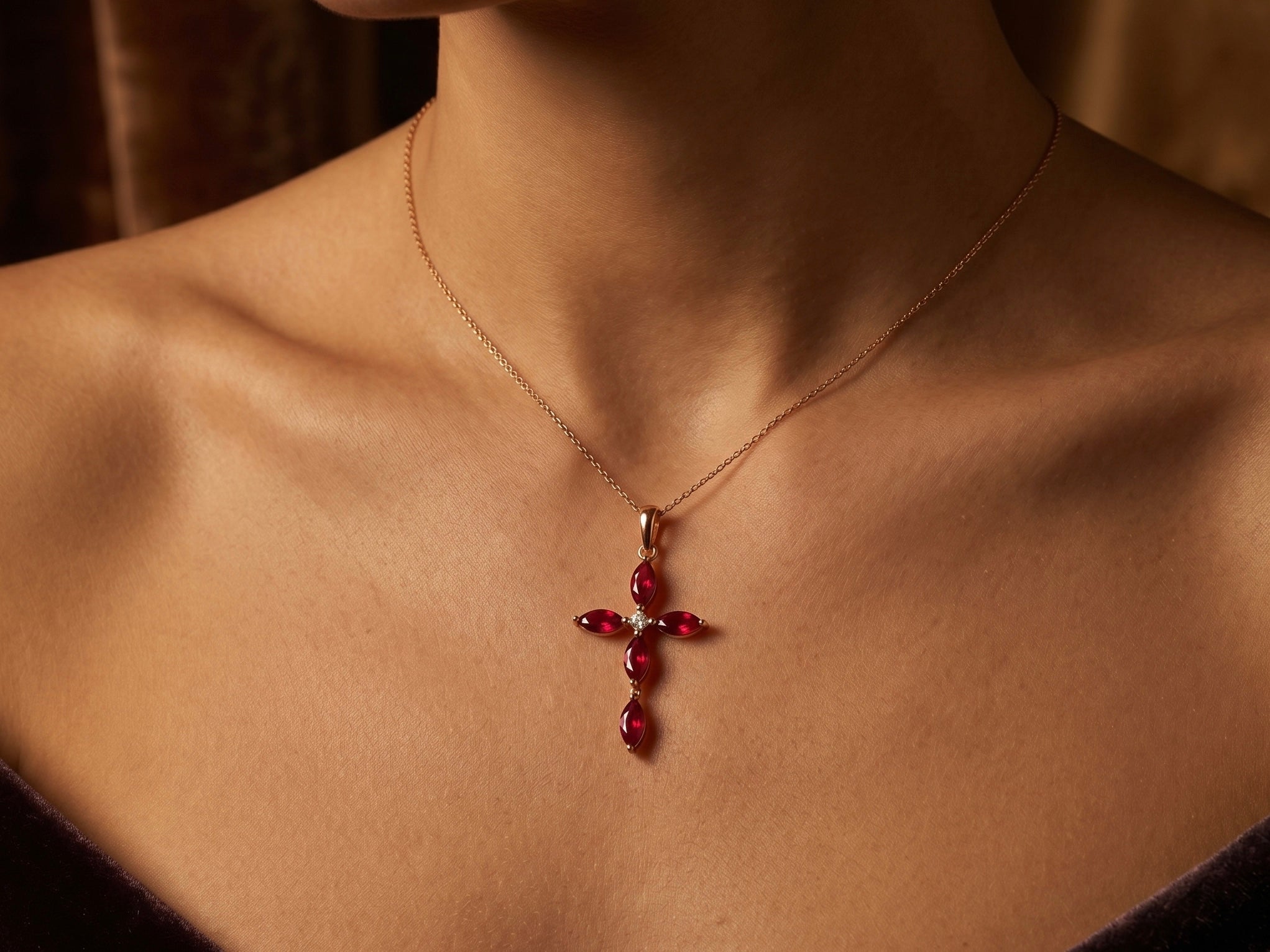 The Eleanora "Crimson Light" Marquise Gemstone & Diamond Cross Pendant