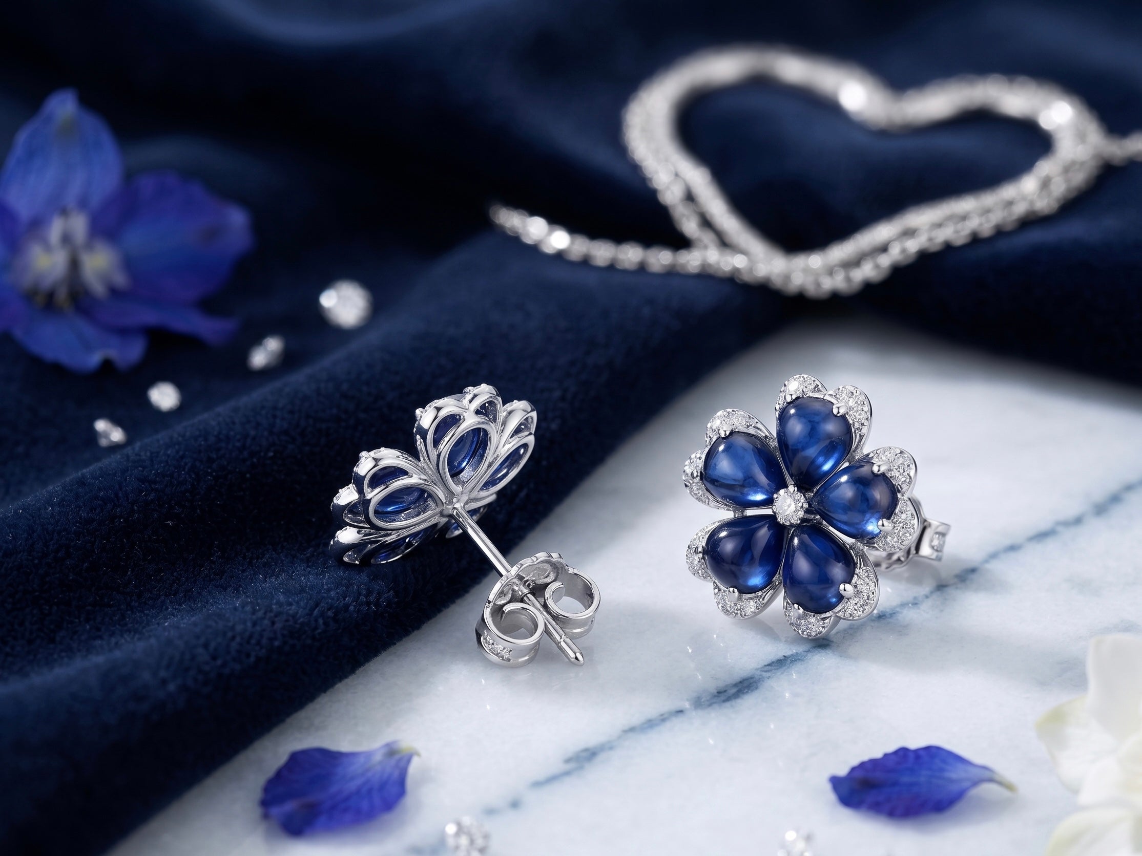 The "Midnight Bloom" Natural Sapphire & Natural Diamond Floral Earrings