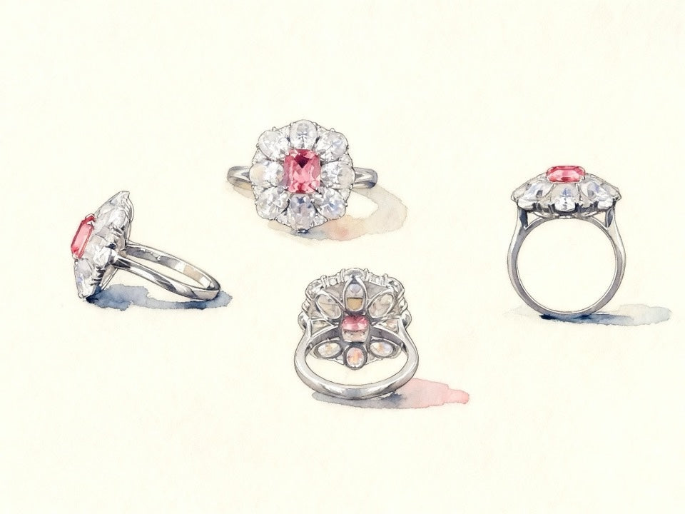 Vintage-Inspired Padparadscha & Diamond Flower Halo Ring