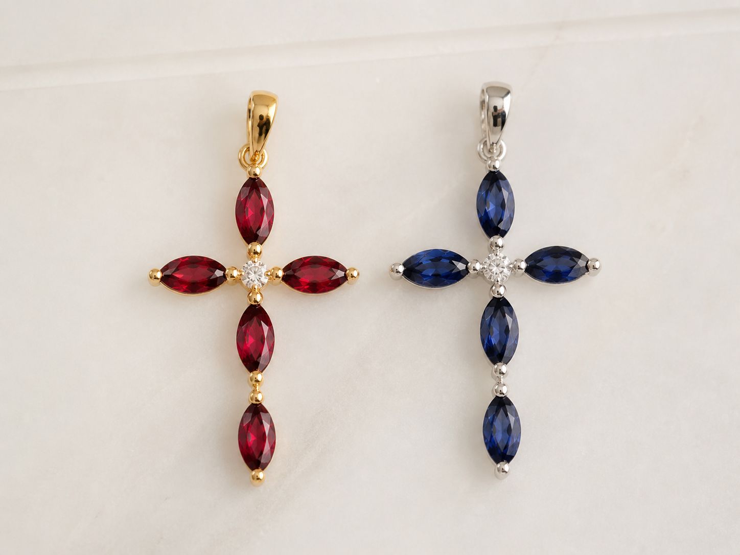 The Eleanora "Crimson Light" Marquise Gemstone & Diamond Cross Pendant