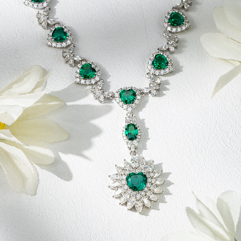 Romantic Emerald & Diamond Heart Drop Necklace