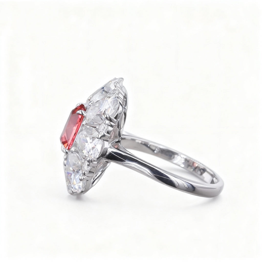 Vintage-Inspired Padparadscha & Diamond Flower Halo Ring