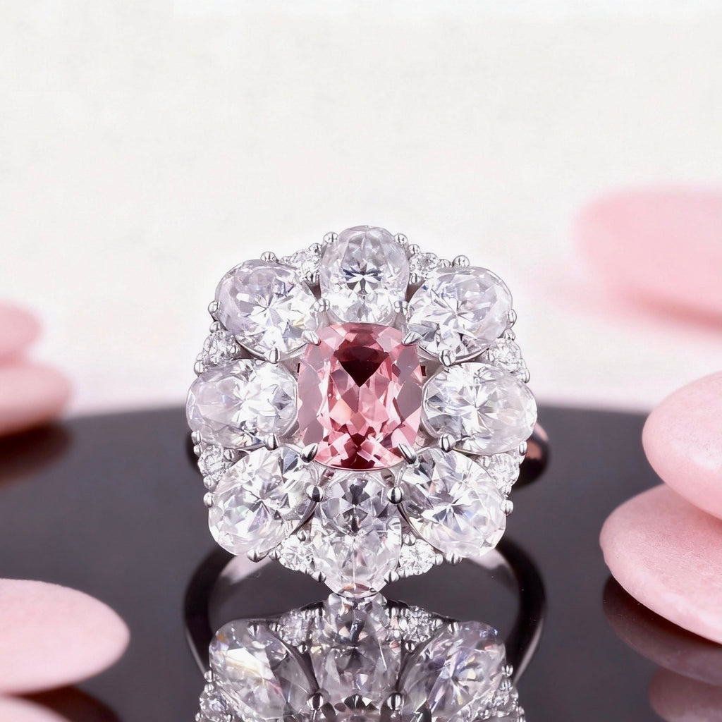 Vintage-Inspired Padparadscha & Diamond Flower Halo Ring