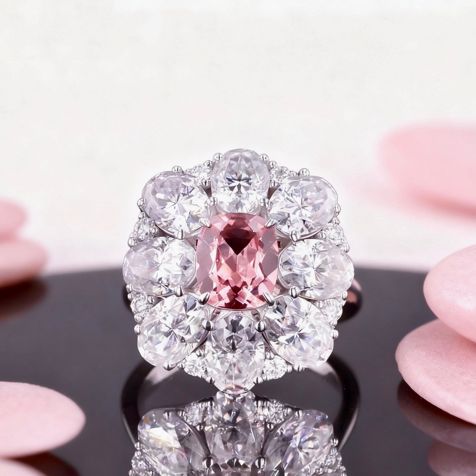 Vintage-Inspired Padparadscha & Diamond Flower Halo Ring