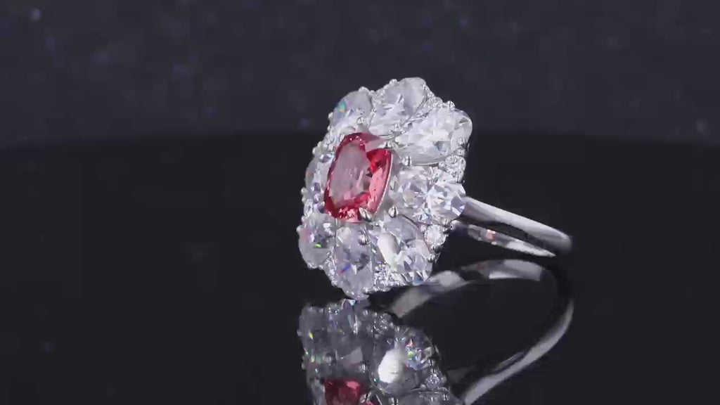 Vintage-Inspired Padparadscha & Diamond Flower Halo Ring