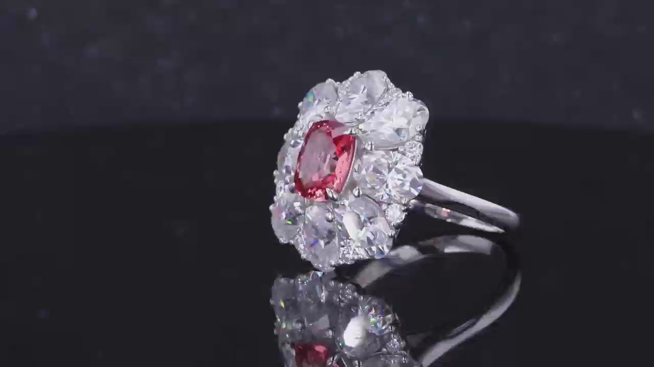 Vintage-Inspired Padparadscha & Diamond Flower Halo Ring